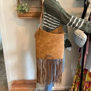 NWOT, Never Used, WRANGLER LEATHER FRINGE HOBO BAG WITH TURQUOISE CONCHO - BROWN